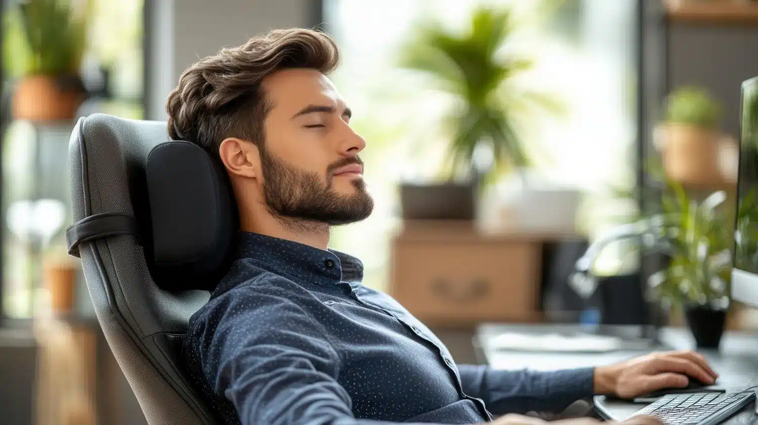 Office worker with neck and shoulder discomfort while sitting at a computer
